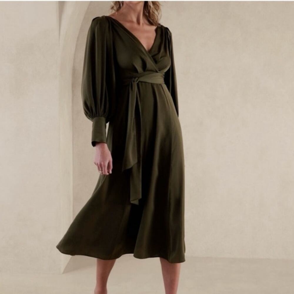 NEW Banana Republic‎ Celestial Olive Blouson Sleeve Satin Preppy Maxi Dress 10P